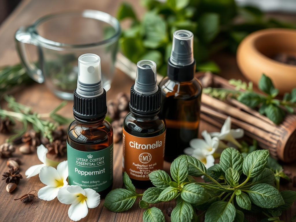 Three essential oil bottles labeled "Peppermint" and "Citronella" surrounded by herbs and flowers on a wooden table.