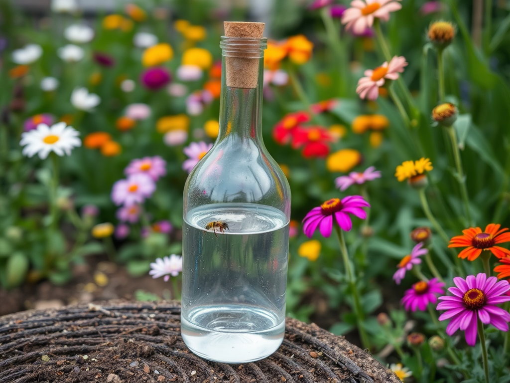 A glass bottle with a cork, containing water and a bee, surrounded by colorful flowers in a garden.