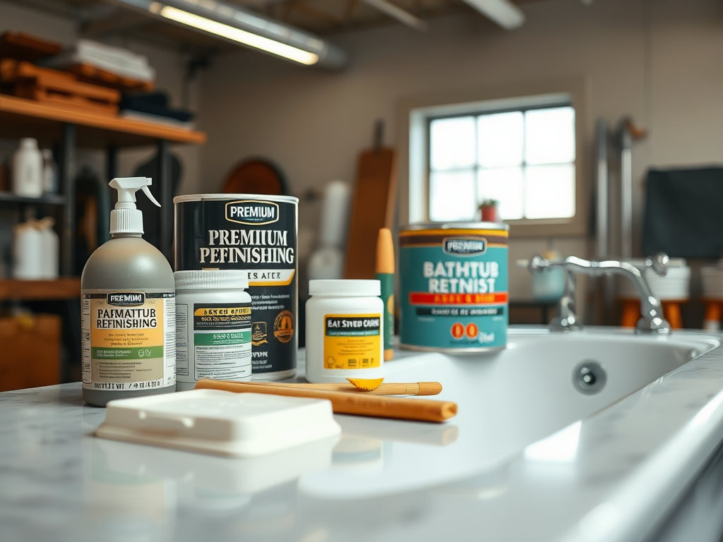 Various premium finishing products displayed on a countertop, including sprays, paints, and tools near a sink.