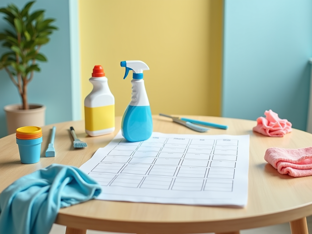 Cleaning supplies and a schedule on a table in a brightly colored room.