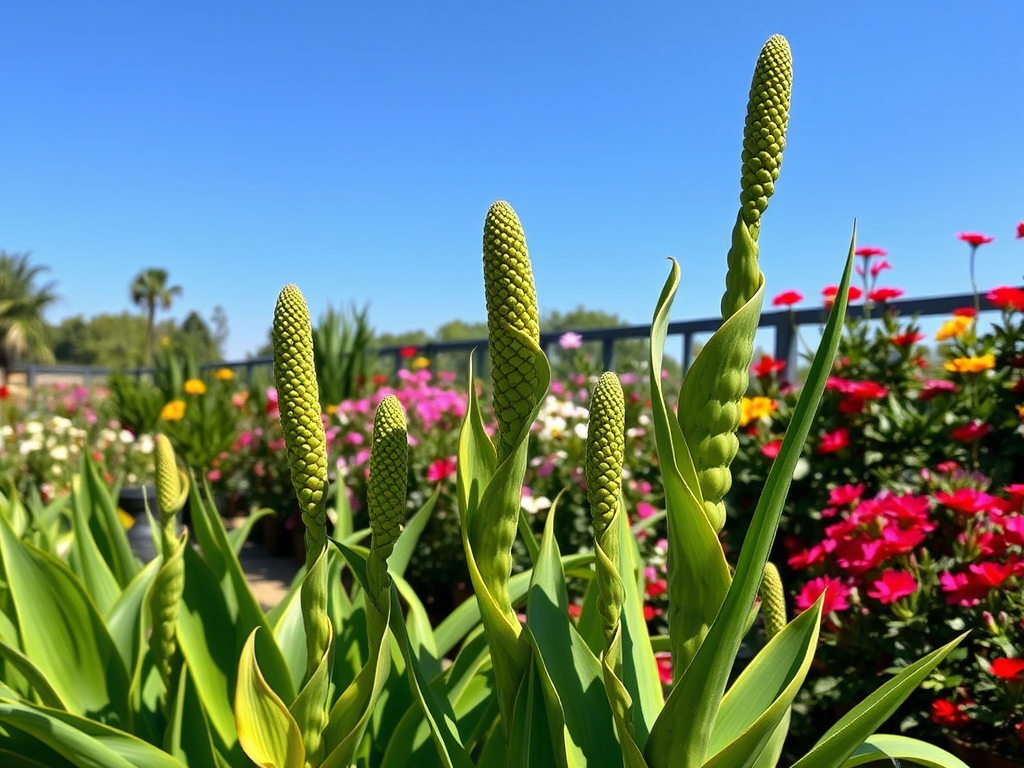 Green plant shoots rise against a bright blue sky, surrounded by colorful blooming flowers in the background.