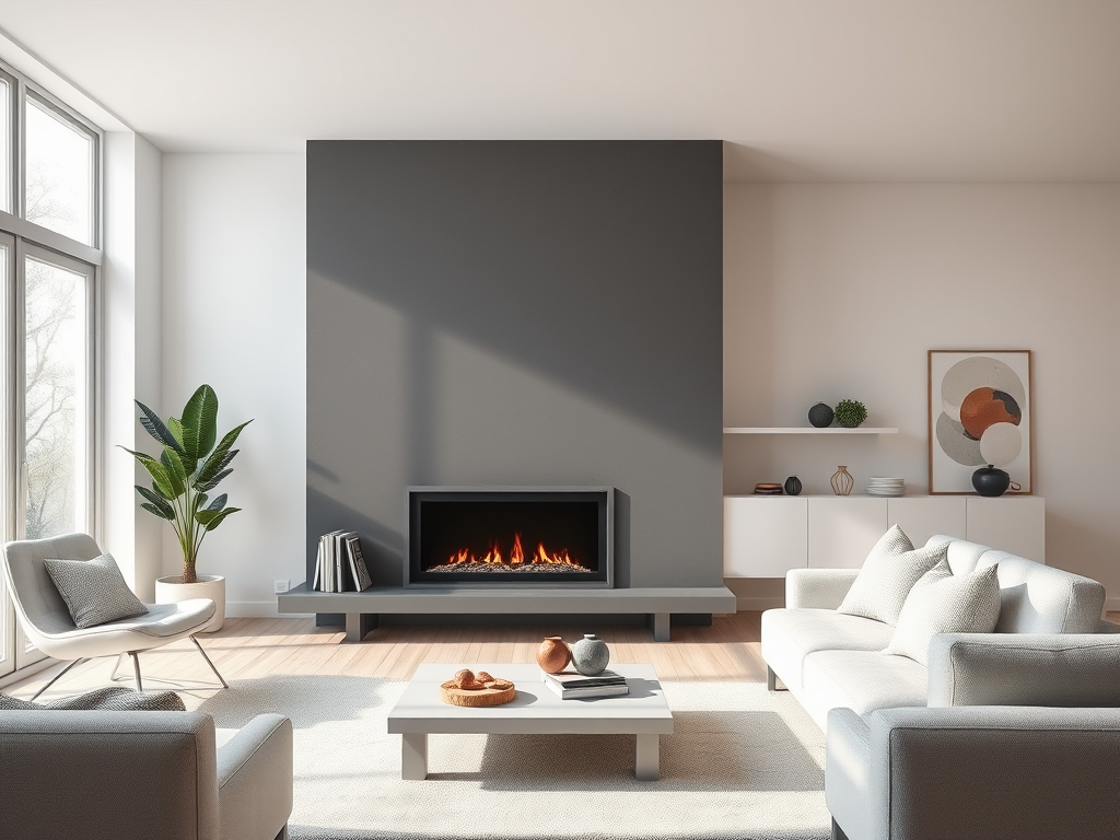 A cozy living room featuring a modern fireplace, comfortable chairs, a coffee table, and stylish decor.