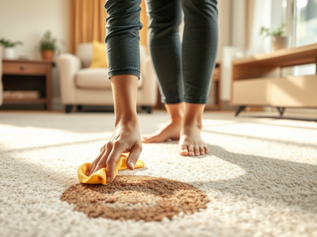 A person kneels on a carpet, using a yellow cloth to clean a brown stain in a well-lit living room.