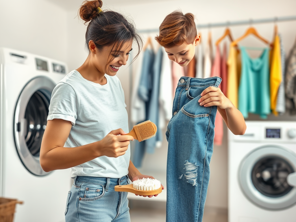 A woman smiles while brushing a cake, as a boy holds up a pair of jeans in a bright, laundry room setting.