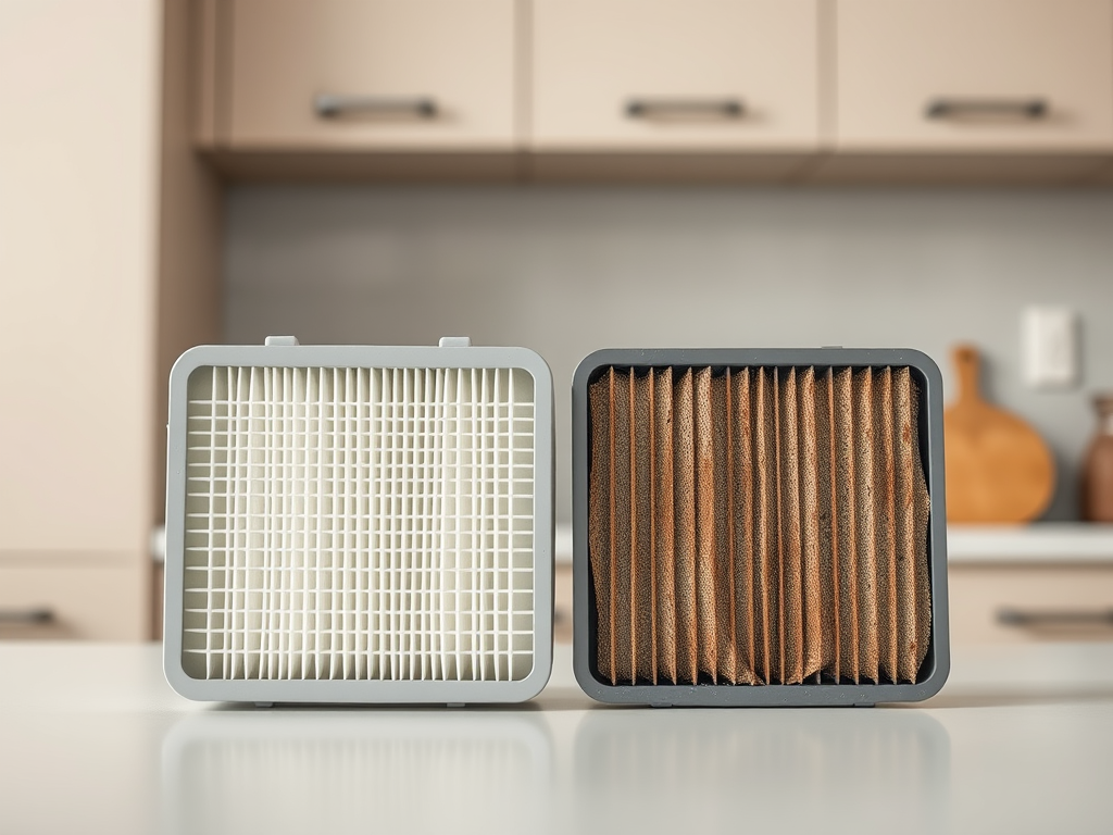 A clean air filter on the left and a dirty one on the right, displayed on a kitchen countertop.