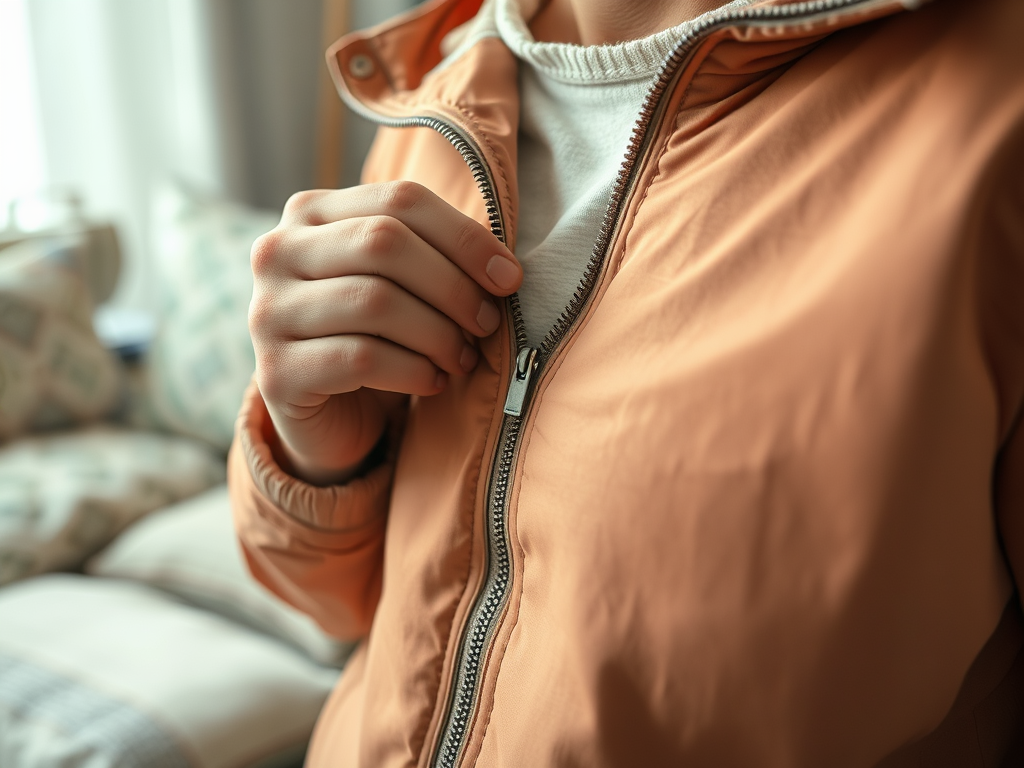 A close-up of a person in an orange jacket, adjusting the zipper while in a cozy indoor setting.