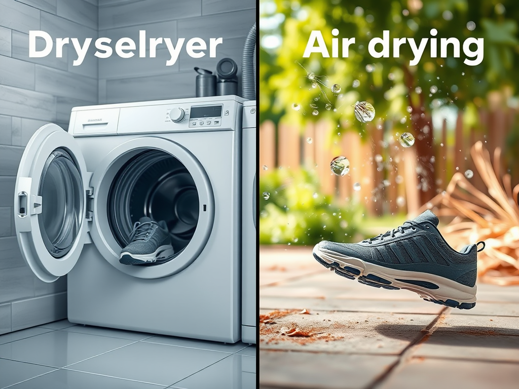 A split image showing a dryer with a shoe inside and a shoe air drying outdoors with water droplets nearby.