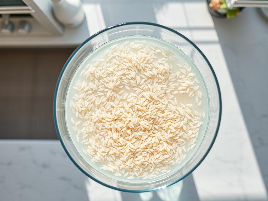 A glass bowl filled with uncooked rice soaking in water, placed on a countertop with sunlight casting shadows.
