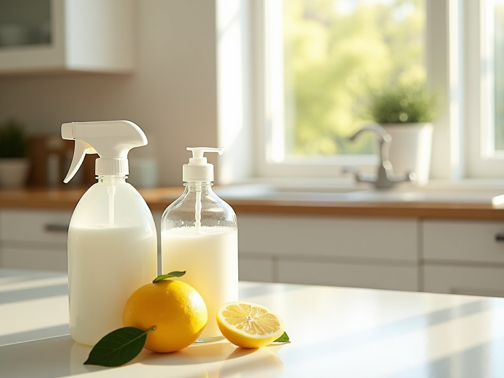 Sunlit kitchen counter with two cleaning bottles and fresh lemons, blurry greenery visible through window.