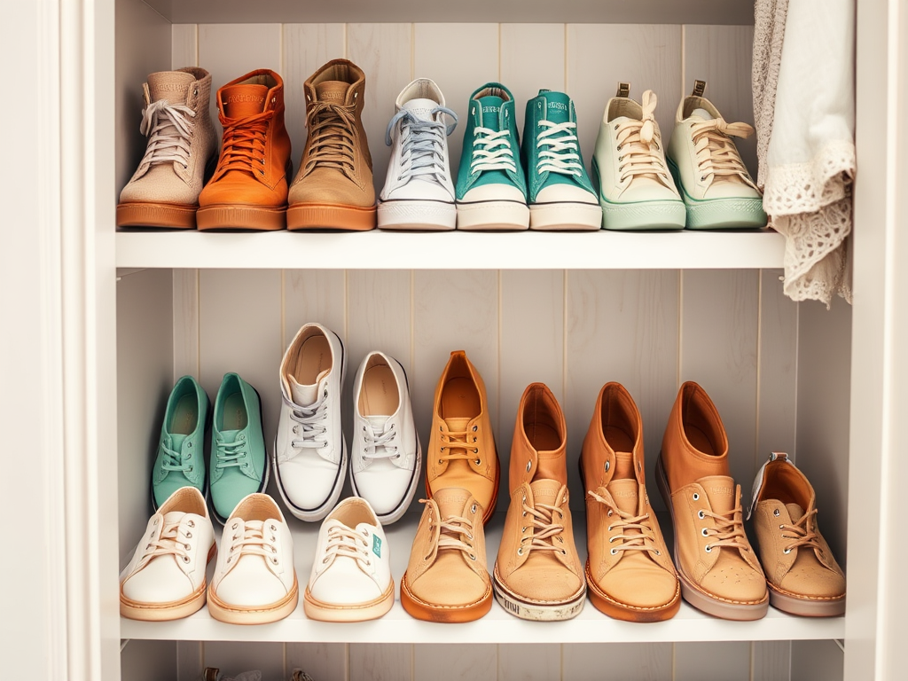A shoe closet with colorful sneakers and casual shoes organized on two shelves. Various styles and colors are visible.