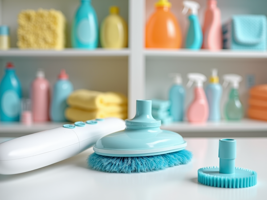 A variety of colorful cleaning supplies and a scrubbing brush on a white surface, with shelves in the background.