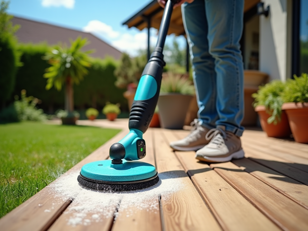 Person using a power scrubber to clean spill on wooden deck in sunny backyard.