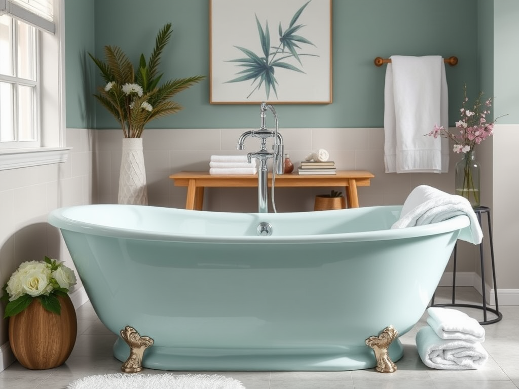 A stylish bathroom featuring a mint green freestanding bathtub, towels, and decorative plants in a calm setting.