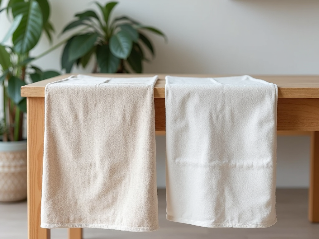 Two towels, one beige and one white, draped over wooden bench with indoor plants in the background.