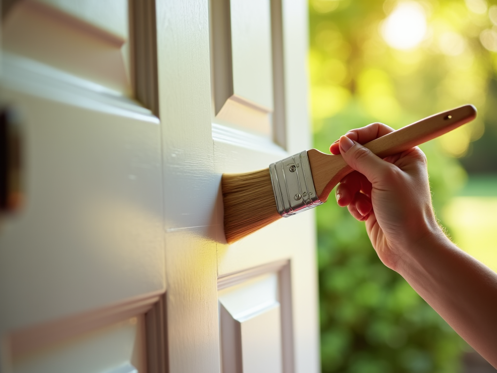 Hand painting a white door with a brush, sunlight streaming in through outdoor greenery.