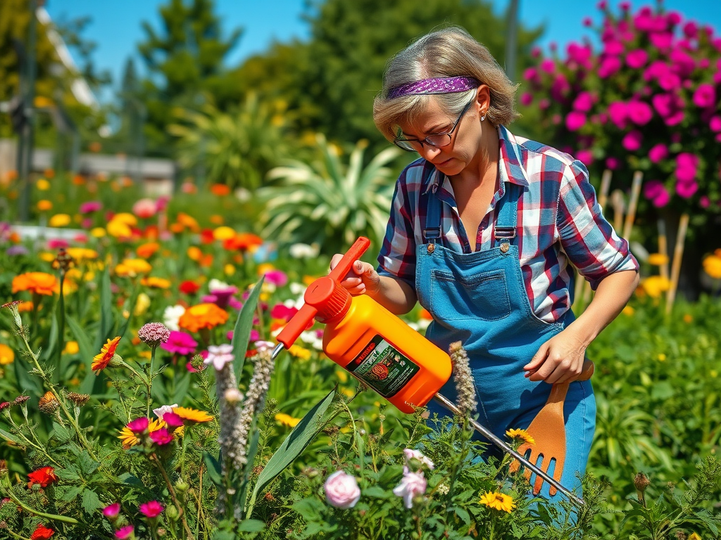 A person wearing a plaid shirt and overalls waters flowers in a vibrant garden filled with various blooms.