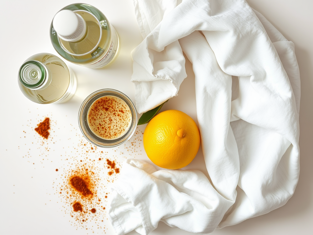 A yellow lemon, a jar with spices, bottles and a white cloth on a clean surface, with scattered powder around.