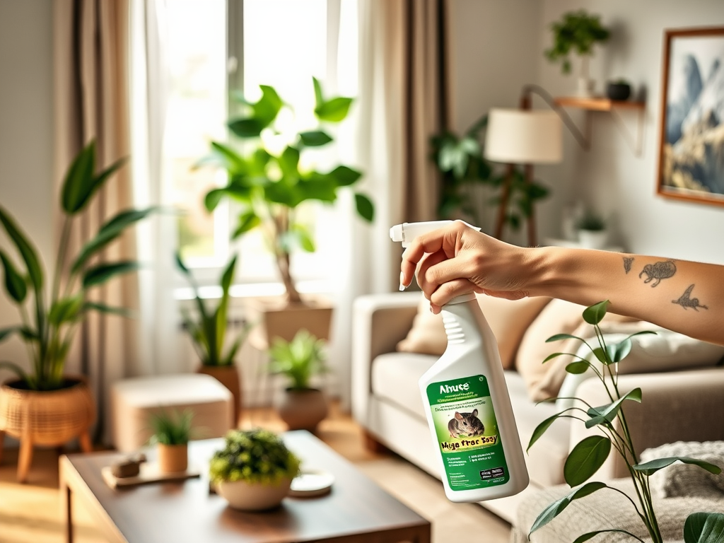 A hand holds a spray bottle labeled 'Pet Friendly,' surrounded by plants in a cozy living room.