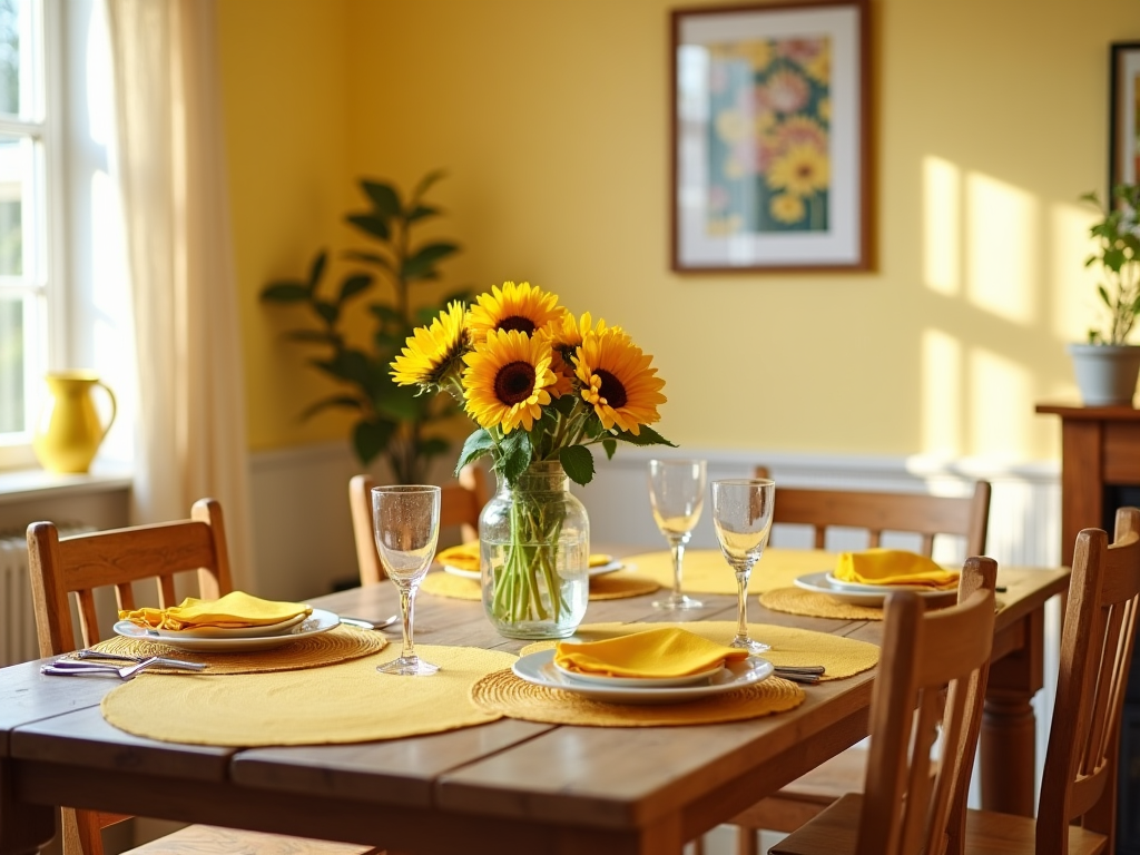 Sunlit dining room with a wooden table set for four, decorated with sunflowers and yellow placemats.