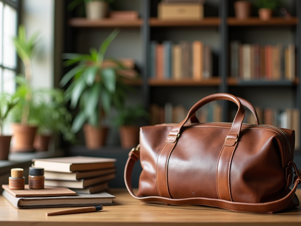 Leather bag on a table in a cozy room with books and plants on shelves in the background.