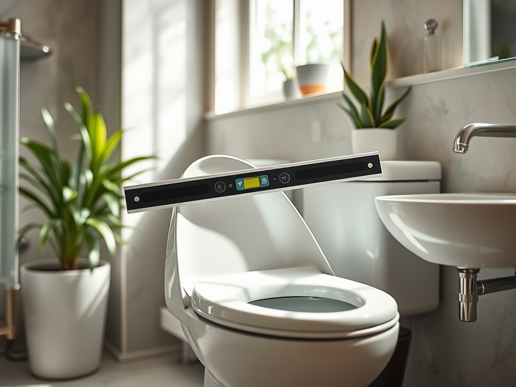 A modern bathroom featuring a white toilet, a digital leveling tool, and green plants for decor.