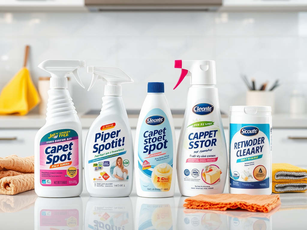 Five cleaning products are displayed on a countertop with towels, including sprays for carpet and spot cleaning.