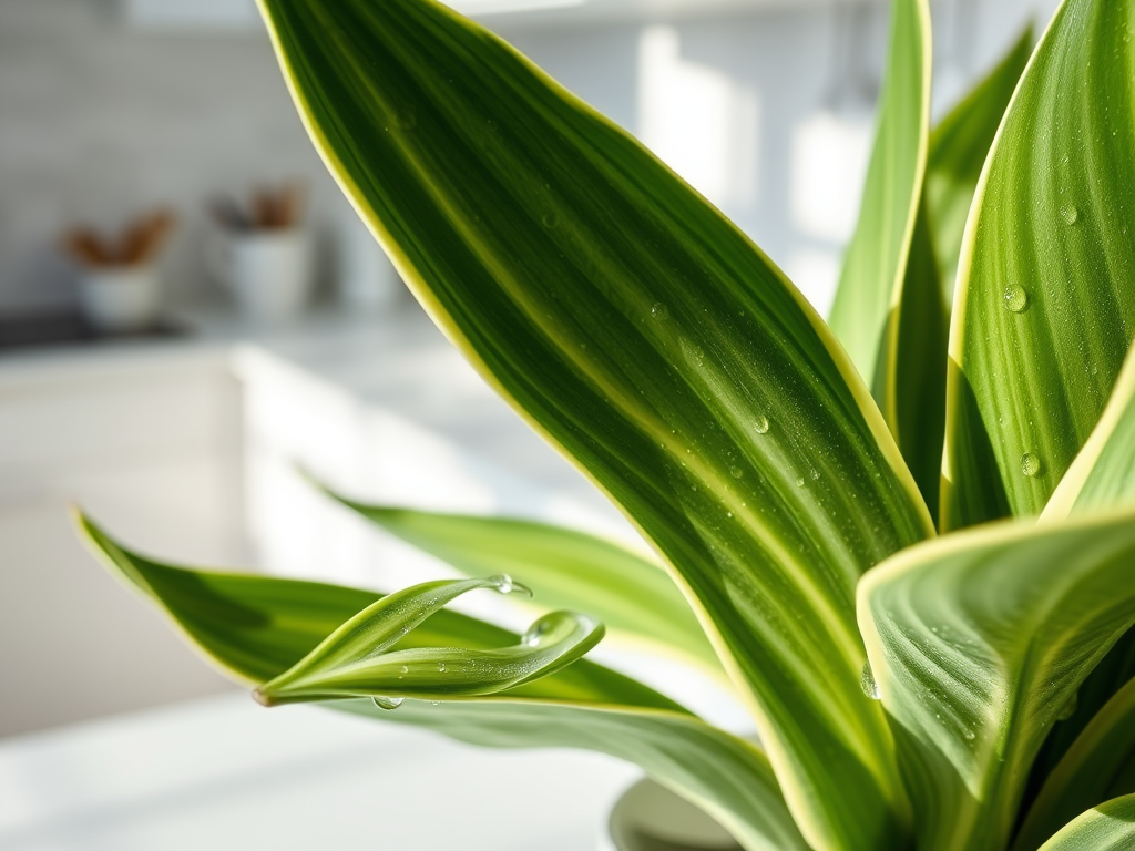 Close-up of vibrant green plant leaves with water droplets, set against a softly lit kitchen background.