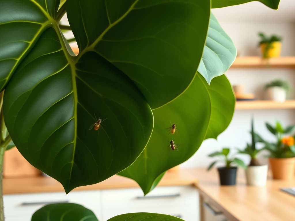 A close-up of large green leaves with bees hovering around them in a bright, plant-filled indoor setting.