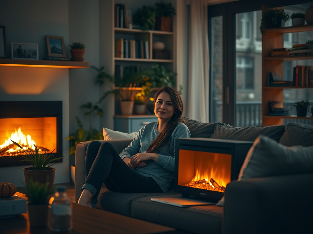 A woman sits comfortably on a sofa, relaxing by a warm fireplace in a cozy, well-lit living room.