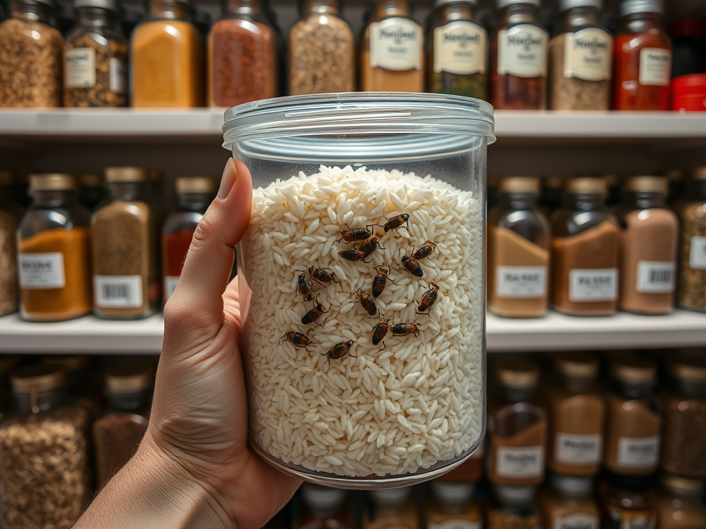 A hand holds a jar of rice infested with insects, set against a backdrop of spice jars on a shelf.