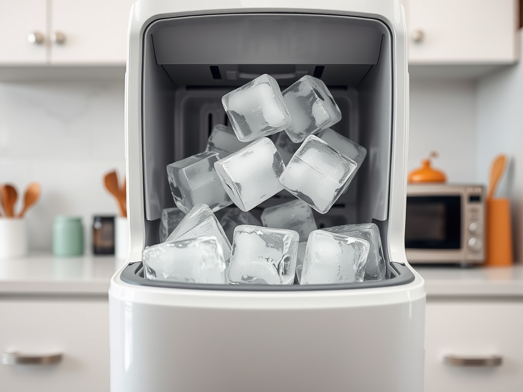 A close-up of a ice maker countertop appliance, with clear ice cubes overflowing from its compartment.
