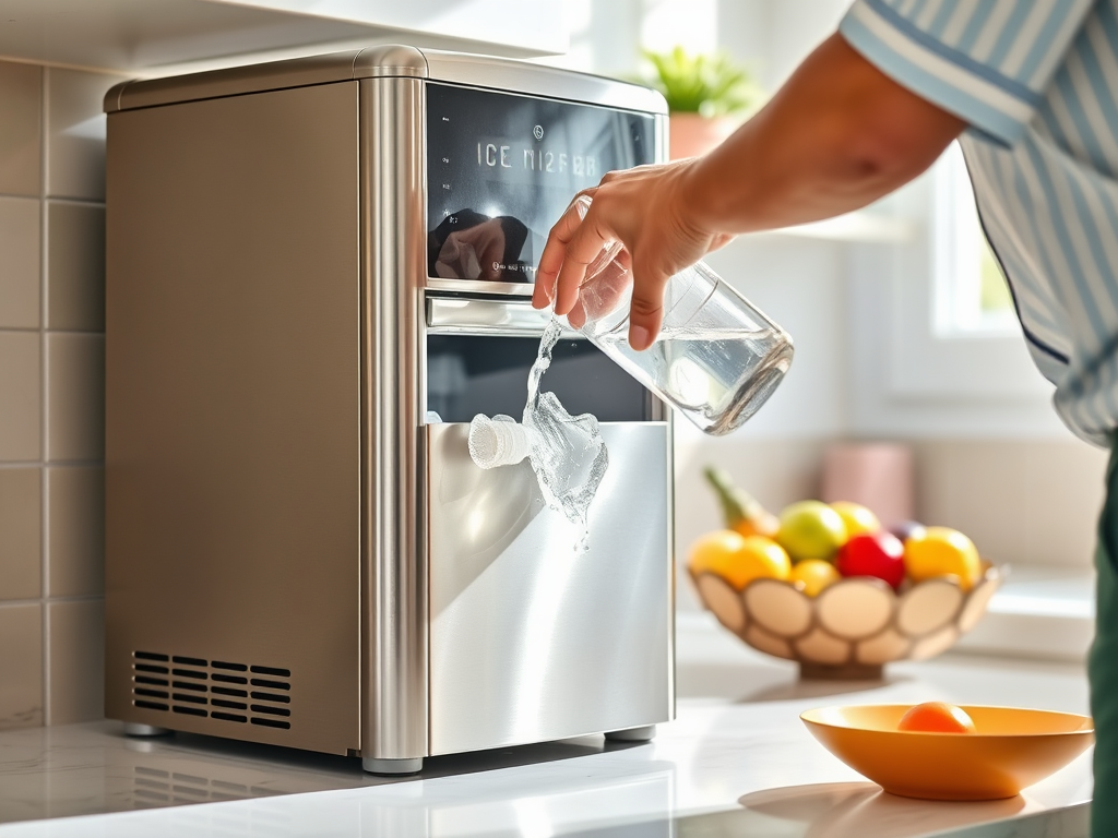 A person pours water into an ice maker in a bright kitchen, with a fruit bowl in the background.