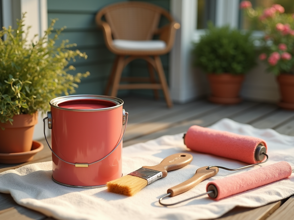 Painting tools on sunny porch: open red paint bucket, rollers, and brush, with potted plants in background.