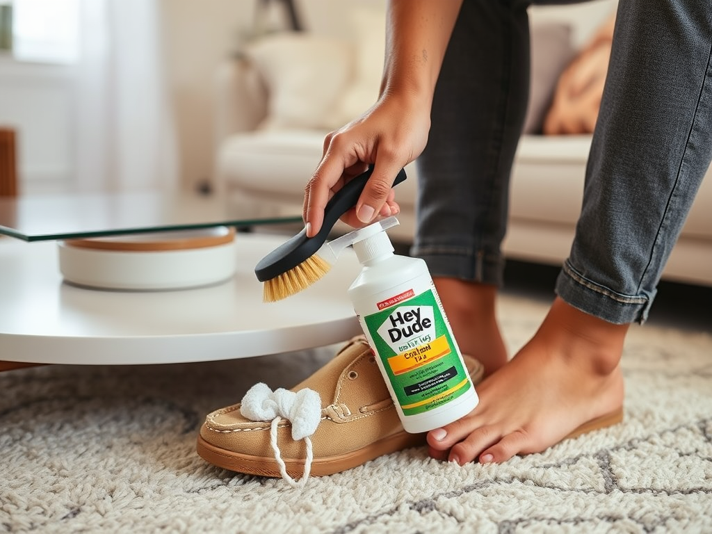A person cleaning a shoe with a brush and bottle of "Hey Dude" cleaner on a living room rug.