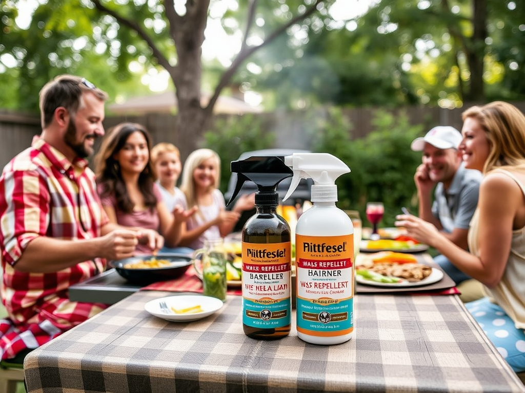 A group enjoys a meal outdoors, featuring two bottles of mosquito repellent prominently in the foreground.