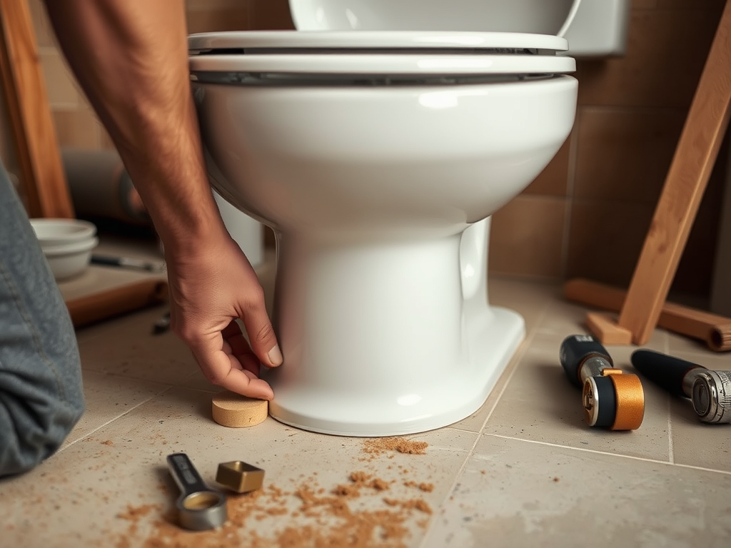 A person works on installing a toilet, with tools and parts scattered on the floor in a bathroom setting.