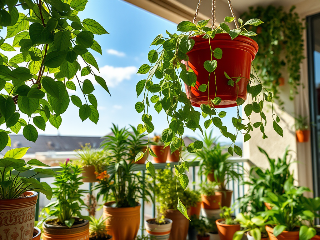 A sunny balcony filled with various potted plants and a hanging red pot overflowing with vibrant green leaves.